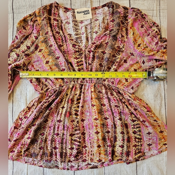 Savanna Jane Size Large Rayon V-neck Flowy Long Sleeve Top. Tribal Print - Picture 8 of 9